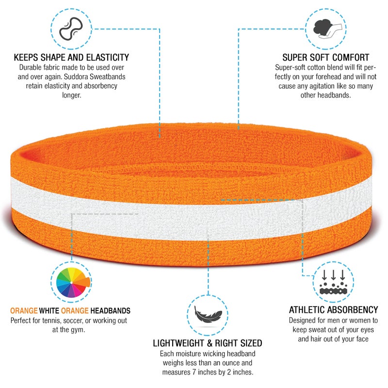 Suddora Striped Sweatband Set, Moisture Wicking 2 Wristbands and 1 Headband, Breathable Athletic Sweat Bands for Sports, Costumes & Cosplay, Matching Bands to Wear with Jersey, Orange White Orange - Image 3